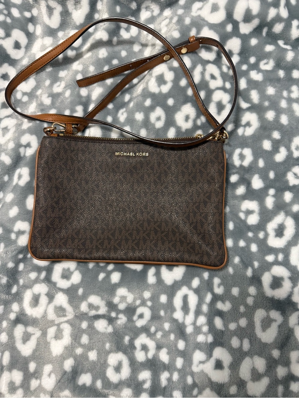 Michael Kors Brown Signature Logo Crossbody with Tan Trim